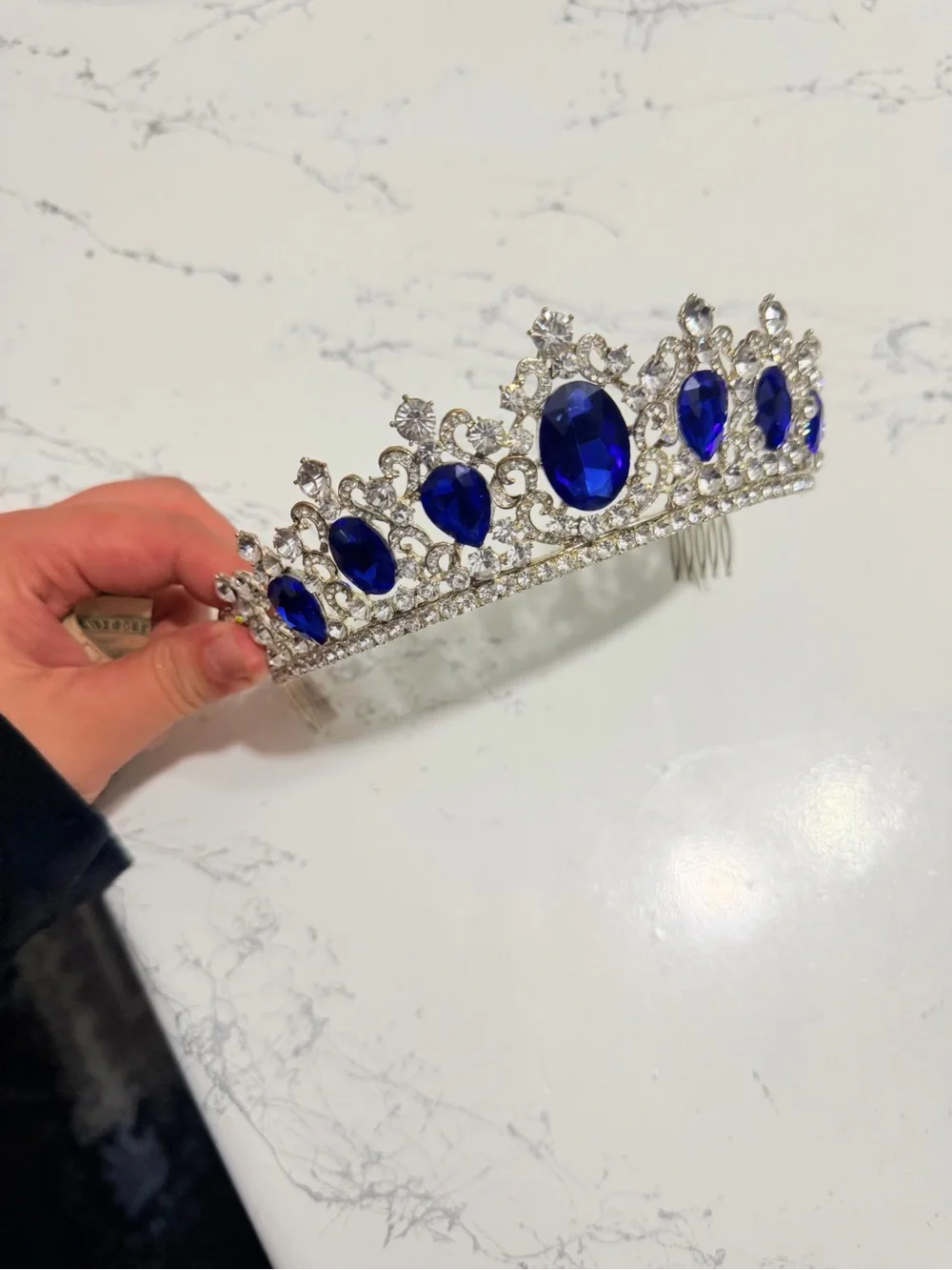 Silver Tiara Headband with Blue Gem Accents